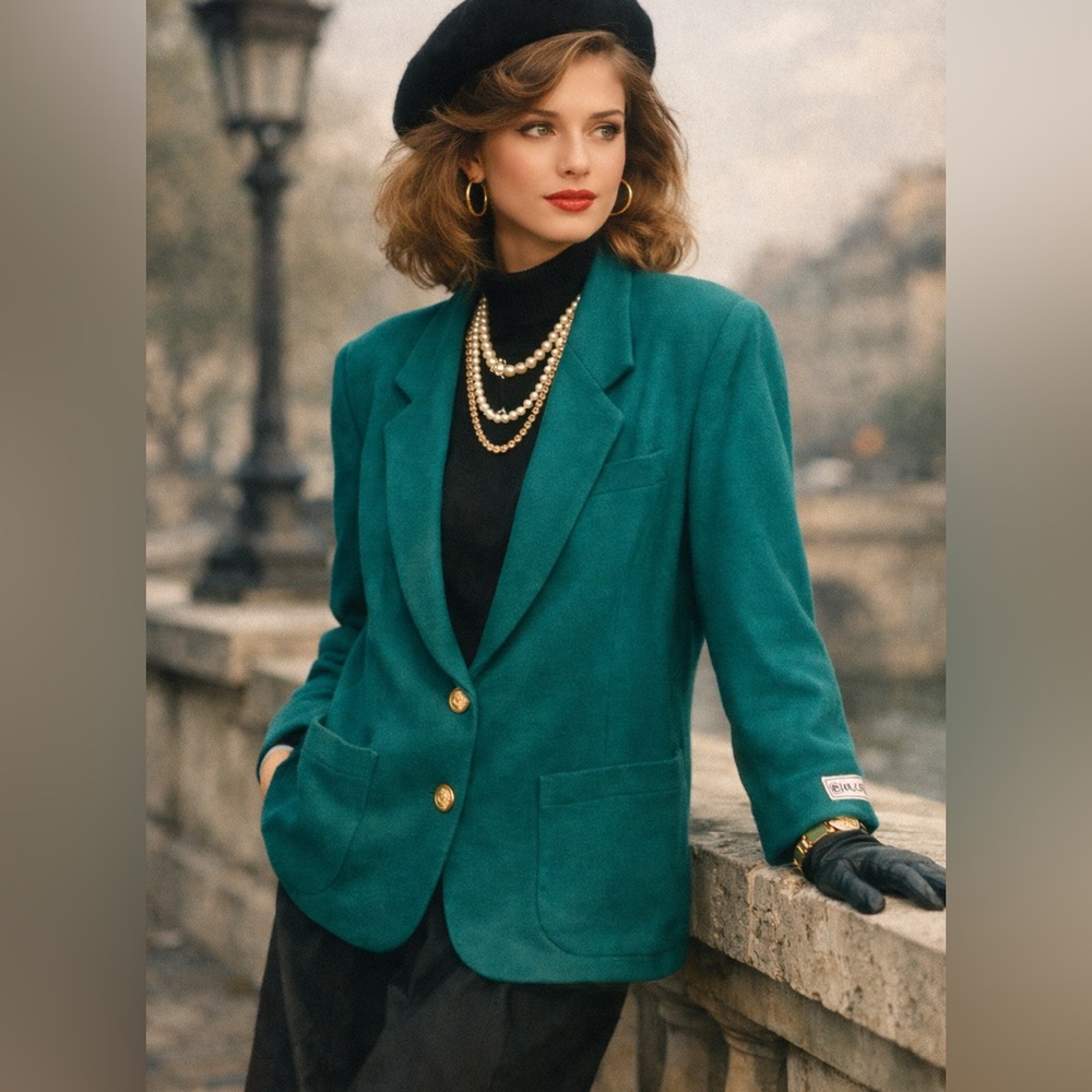 Vintage Chaus Womens Wool & Cashmere Blazer Coat Teal Size 14